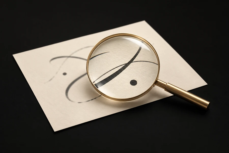 Illustration contemporaine : une loupe cerclée de doré révèle des traits nets sur une surface ivoire.