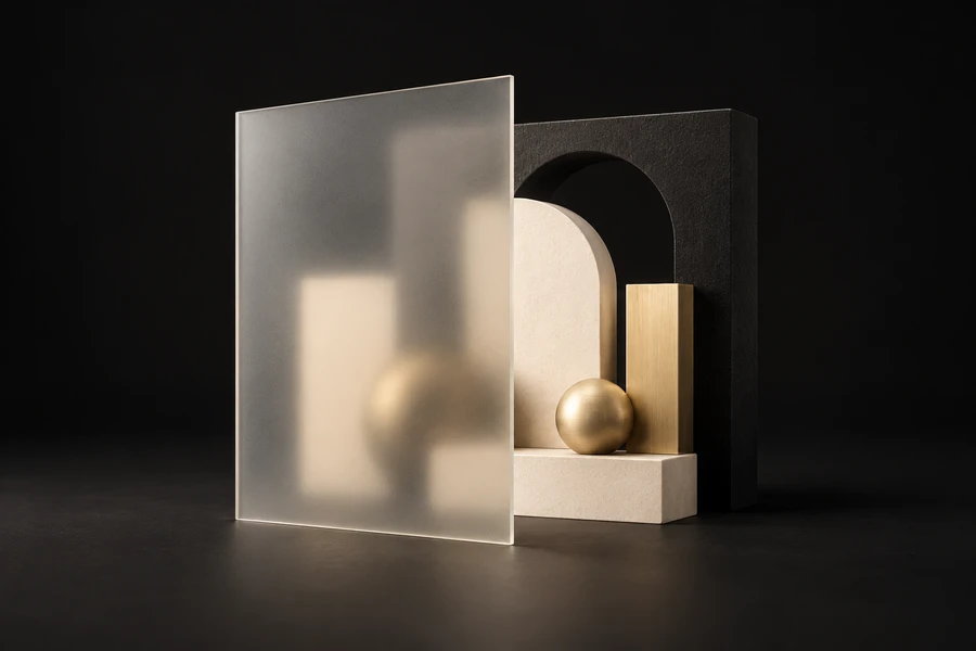 Métaphore visuelle en 3D : des formes noires, ivoire et dorées se découvrent partiellement derrière une plaque de verre dépoli.